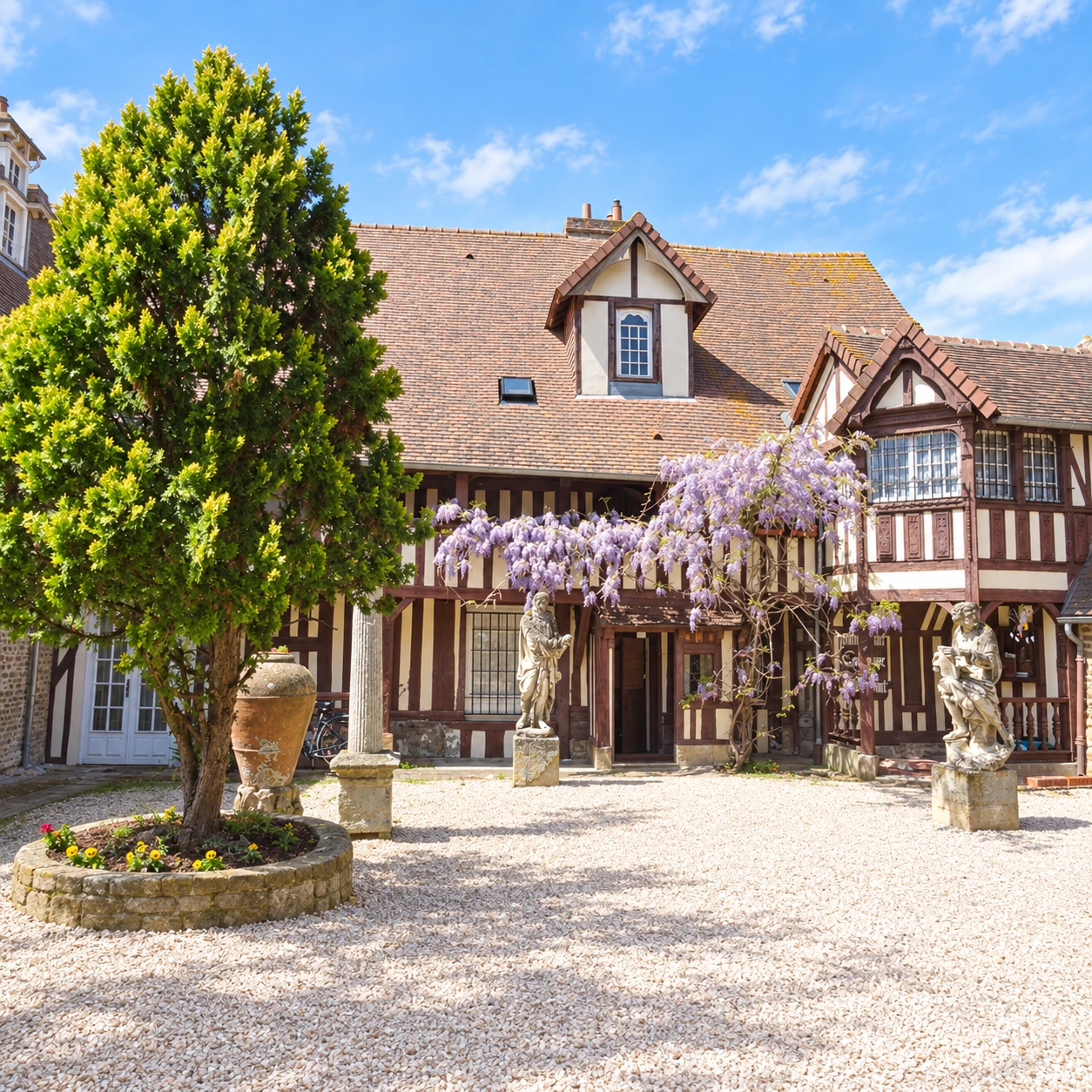 Cour normande à colombages et glycine fleurie à Dives-sur-Mer