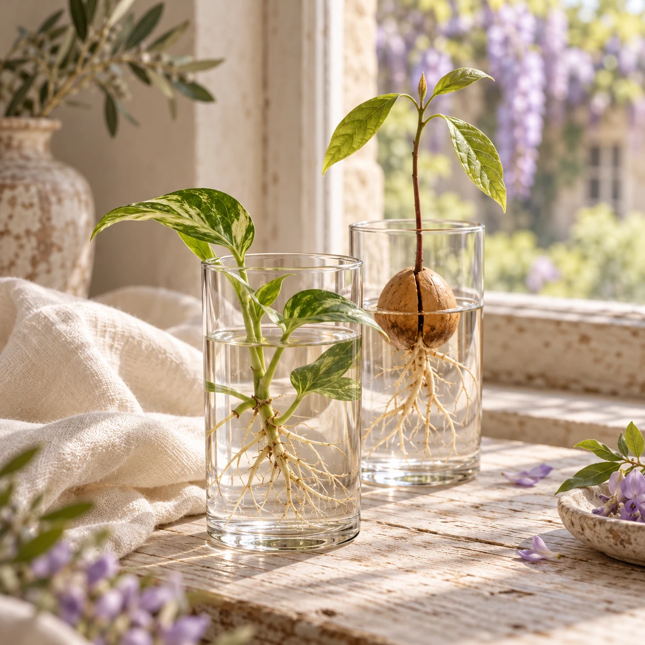 Pots en verre réutilisés pour accueillir une bouture et un avocat en germination