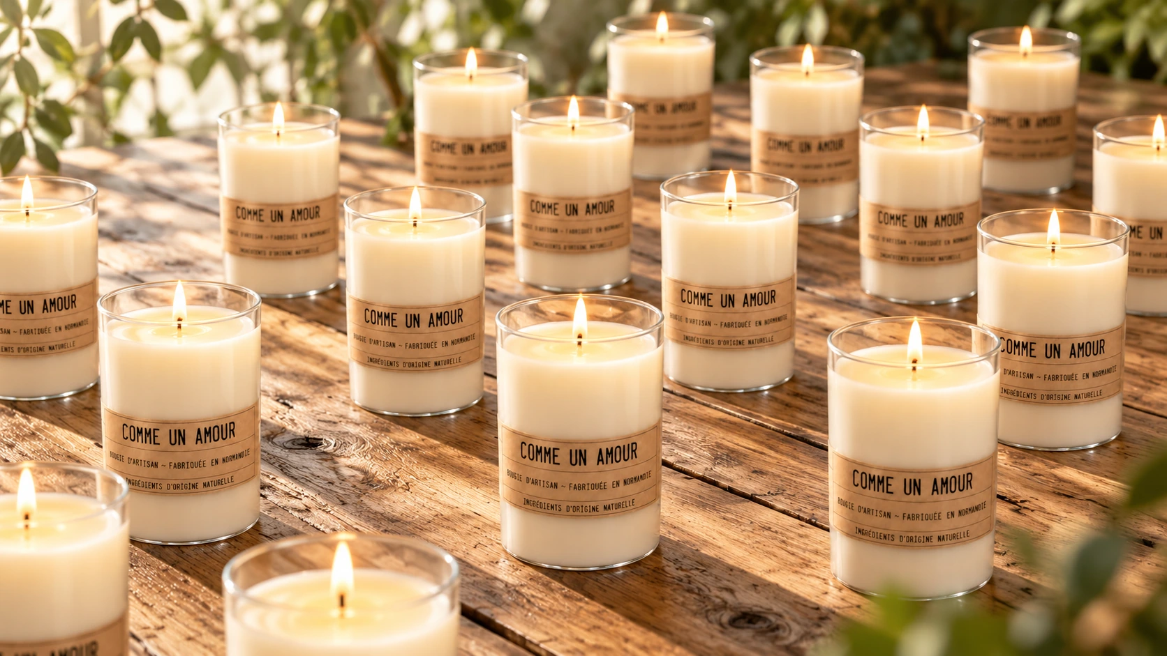 Une multitude de bougies Comme un Amour allumées sur du bois ancien, dans une lumière douce de jardin