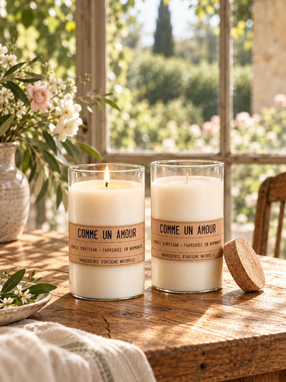 Bougie artisanale Fleur de coton dans son pot réel