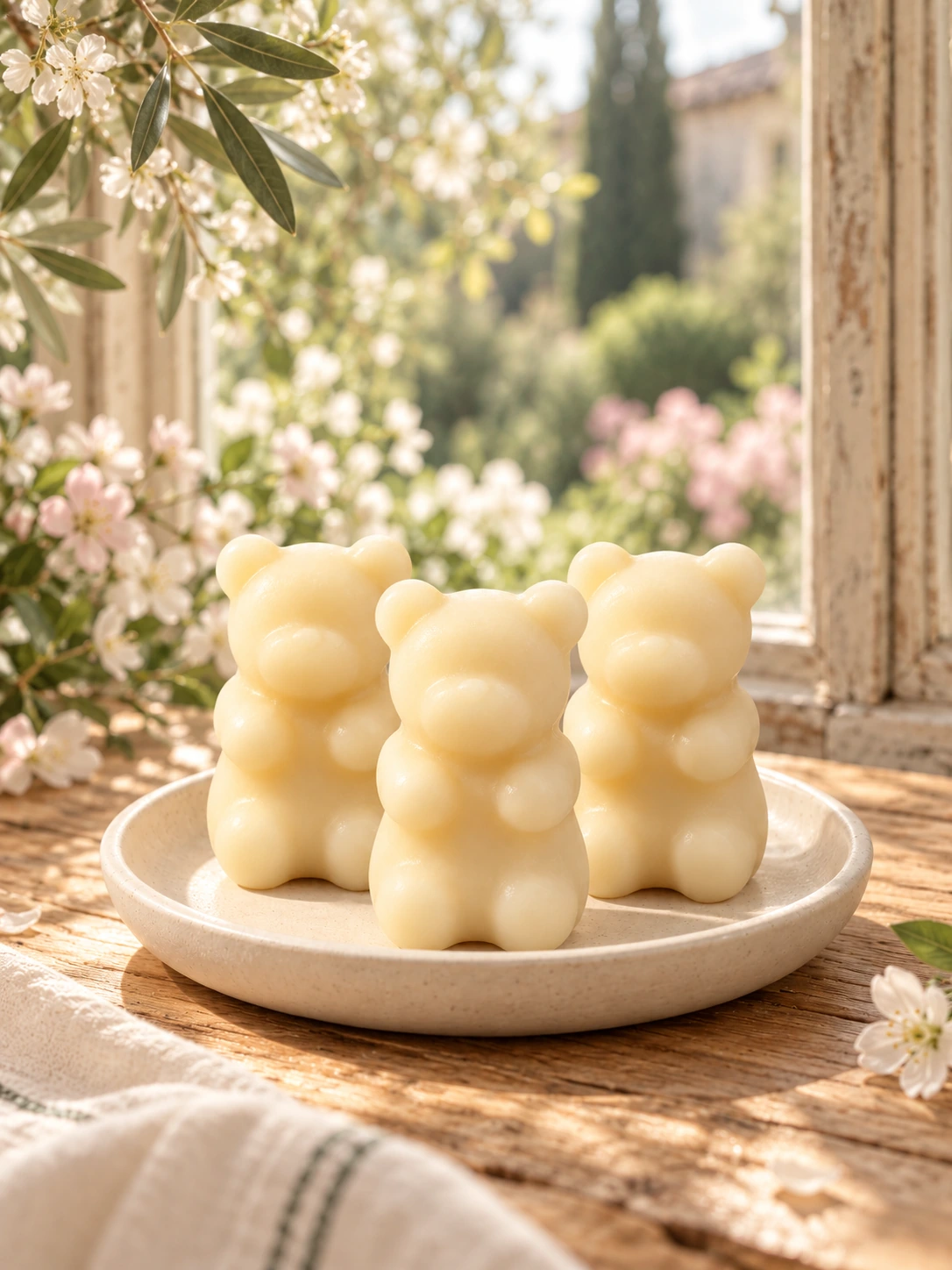 Fondant parfumé ourson ivoire sur une coupelle en céramique