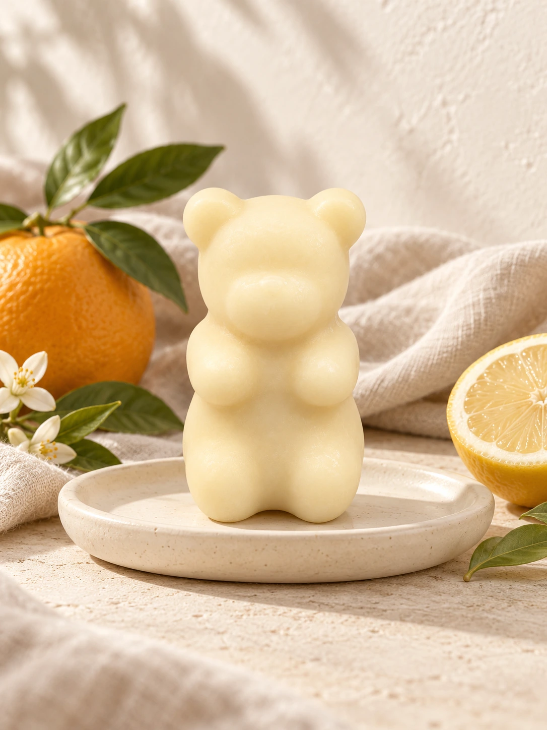 Fondant ourson Agrumes dans son décor de céramique et de lin