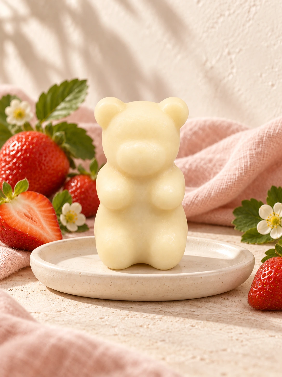 Fondant ourson Bubble fraise dans son décor de céramique et de lin