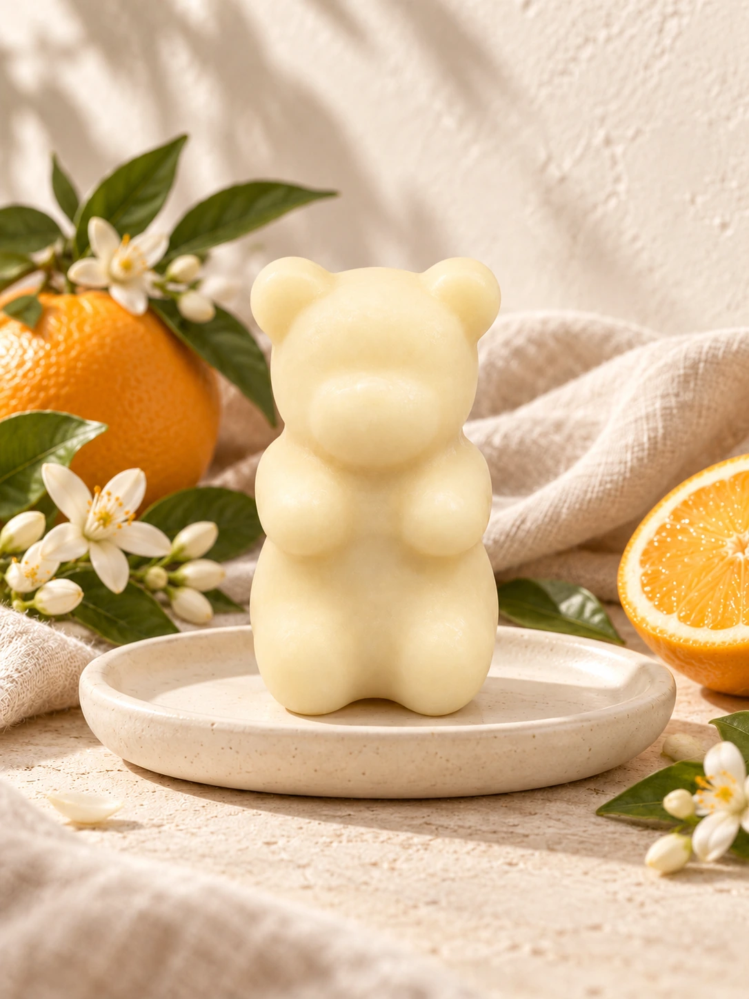Fondant ourson Fleur d'oranger dans son décor de céramique et de lin