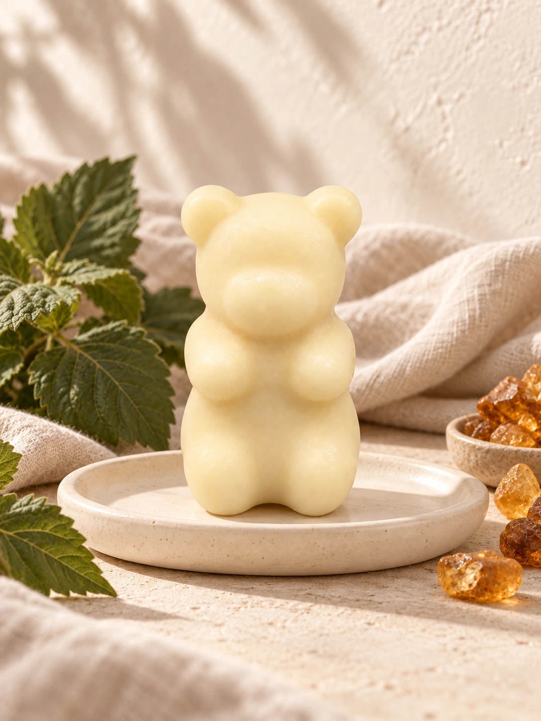 Fondant ourson Patchouli dans son décor de céramique et de lin
