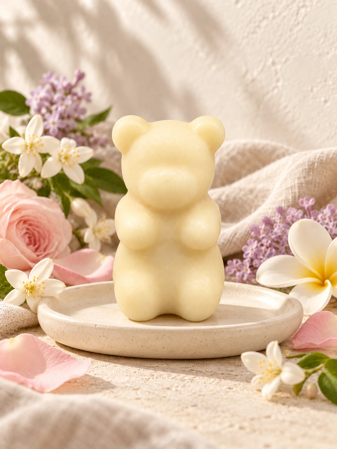 Fondant ourson Pétales d'été dans son décor de céramique et de lin