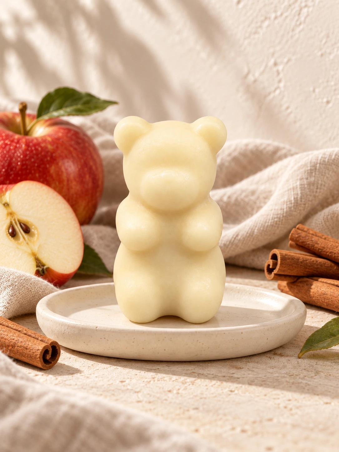 Fondant ourson Pomme cannelle dans son décor de céramique et de lin