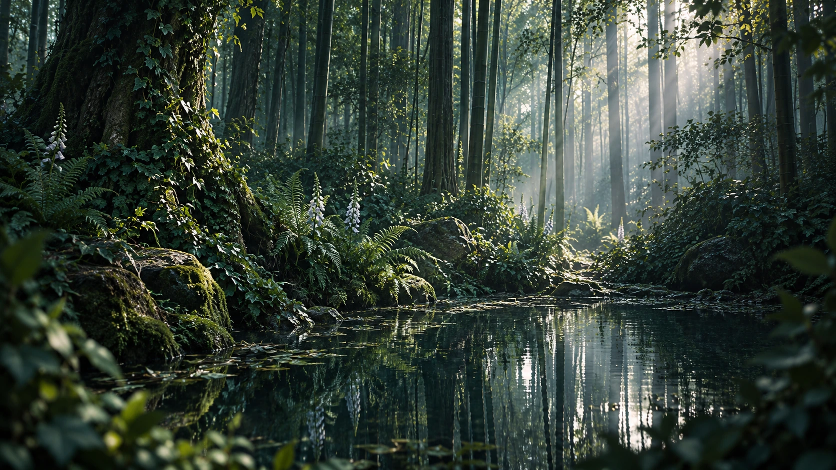 Forêt enchantée, reflets et lumière argentée