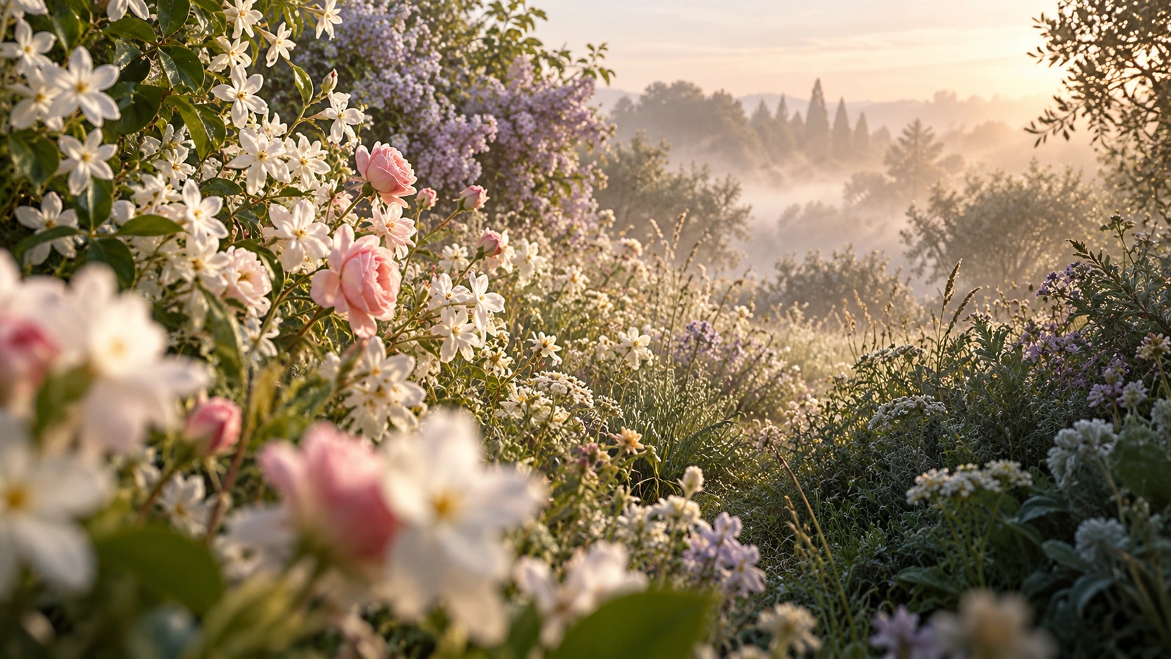 Jardin fleuri de jasmin, roses et lilas dans la brume