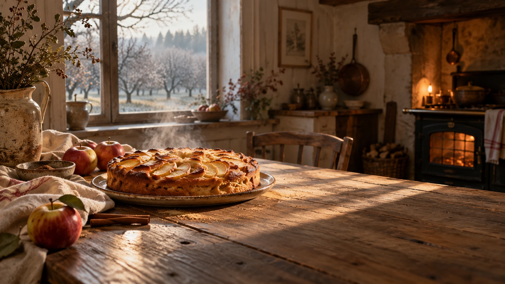 Gâteau aux pommes dans une cuisine chaleureuse un dimanche d’hiver