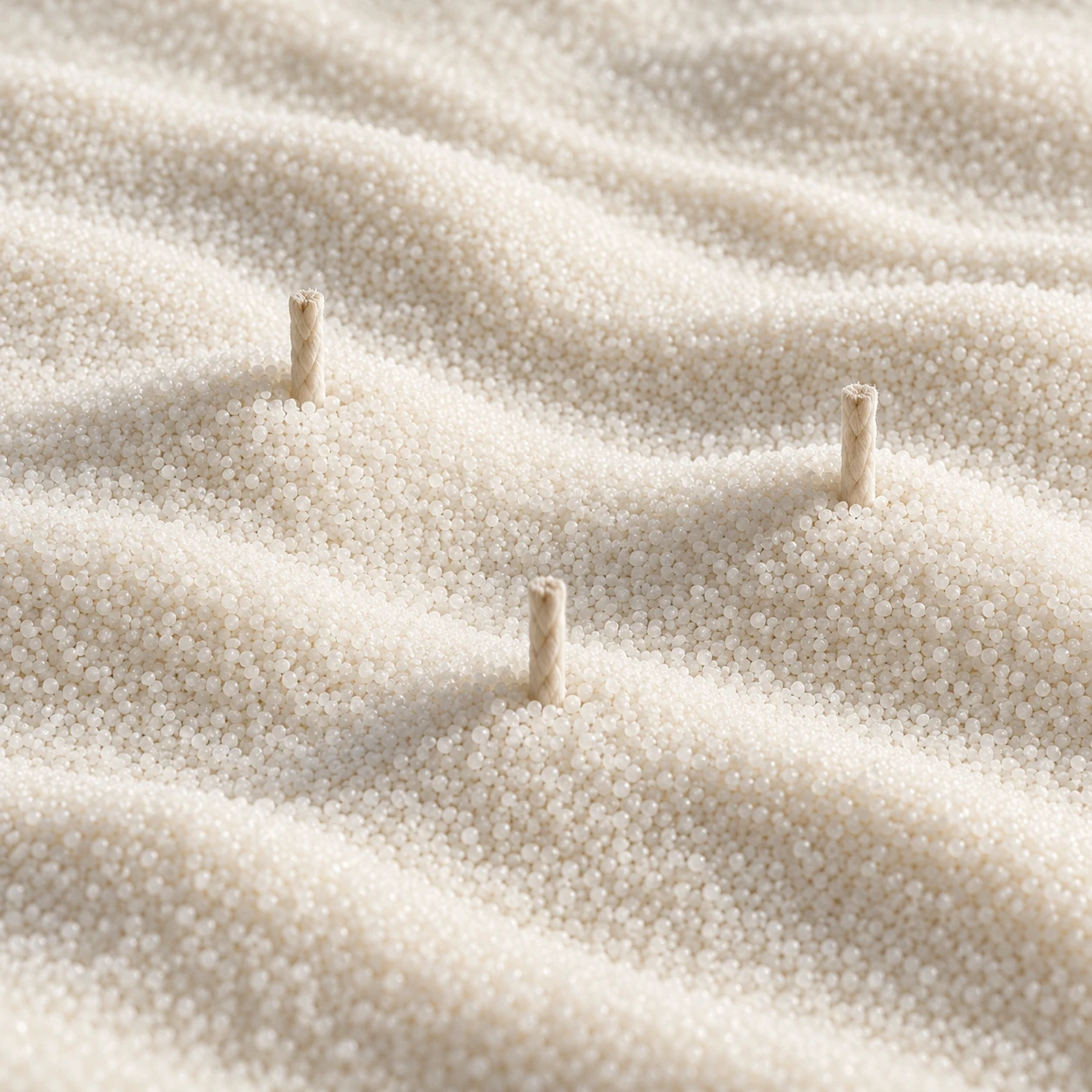 Trois mèches de coton dans de douces dunes de perles de cire ivoire